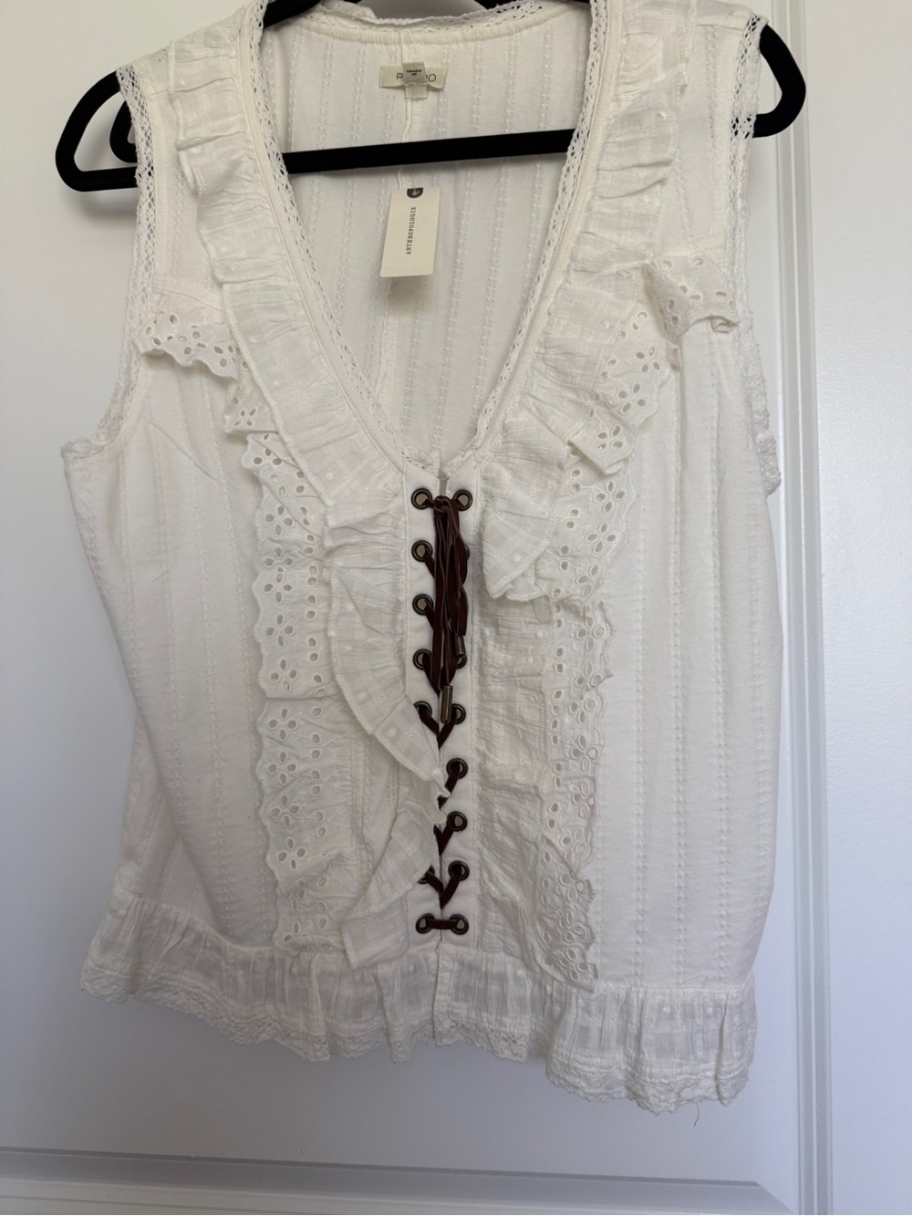 Pilcro White Eyelet Ruffle Tank with Brown Corset Tie